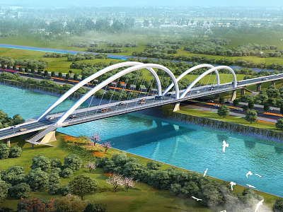 Modern Steel Arch Bridge Over River With Green Landscape And Vehicles 3d model