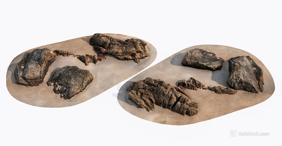 Natural Stone and Wood Pieces Featuring Rough Texture on Sand Beige Surface 3d model