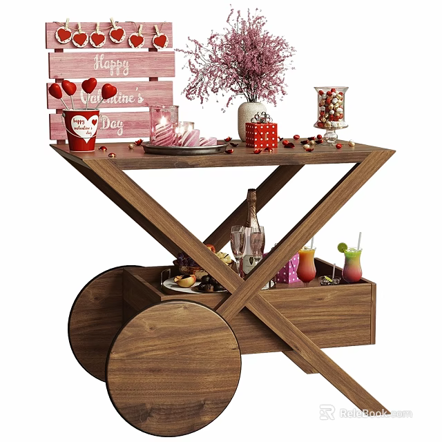 Romantic Valentine's Day Wooden Cart Decor With Pink Bouquet And Candies Desserts Drink Glasses 3d model 