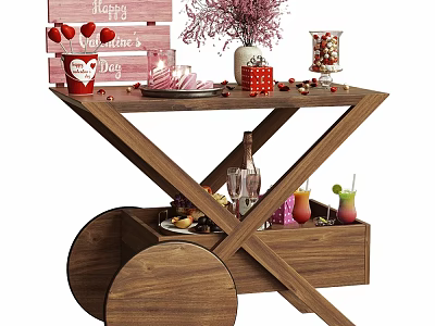 Romantic Valentine's Day Wooden Cart Decor With Pink Bouquet And Candies Desserts Drink Glasses 3d model