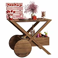 Romantic Valentine's Day Wooden Cart Decor With Pink Bouquet And Candies Desserts Drink Glasses
