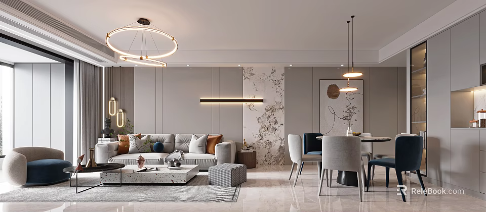 Modern Living Dining Room Interior With Sofa Coffee Table And Pendant Lighting 3d model