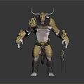 Minotaur Warrior Character 3D Model With Golden Armor And Dagger Weapon