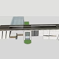 Modern Building Entrance Gate Design With Geometric Walls Glass Doors And Overhanging Roof