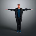 Man With Arms Outstretched In Black Jacket Blue Shirt Black Pants Blue Shoes Gray Background