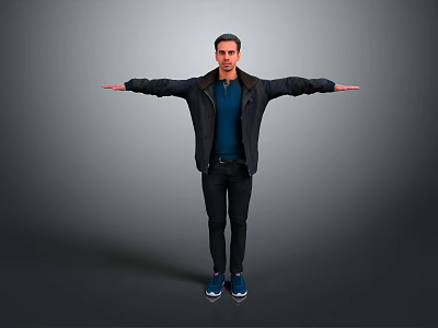 Man With Arms Outstretched In Black Jacket Blue Shirt Black Pants Blue Shoes Gray Background 3d model