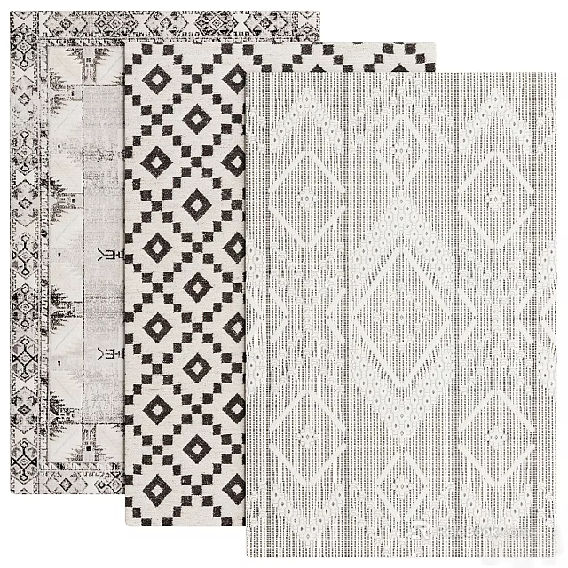 Stylish Square Rugs With Various Geometric Diamond Patterns In Black And White Tones 3d model 