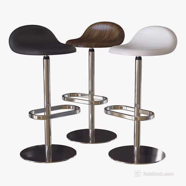 Three Modern Bar Stools With Black Wooden Brown White Seats And Stainless Steel Base Footrest 3d model 