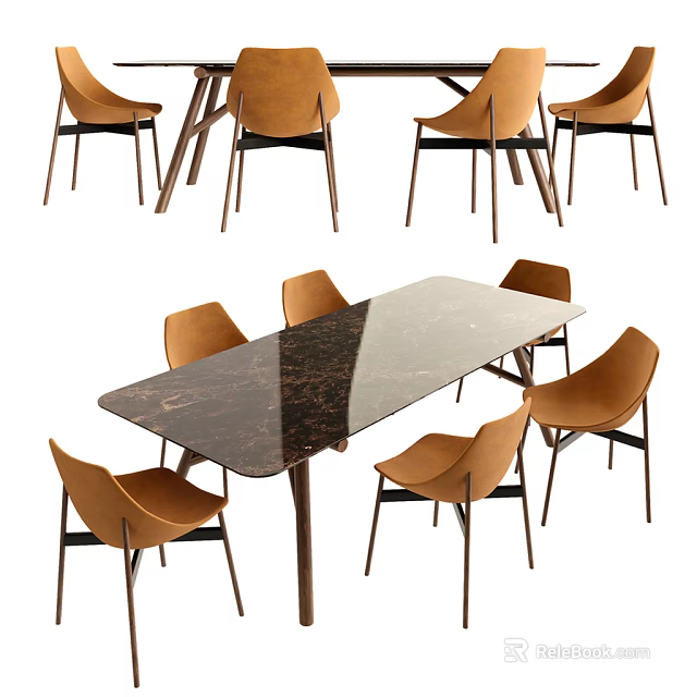 Modern Dining Table Set With Dark Marble Top And Brown Dining Chairs 3d model