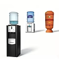 Modern Stand Up Water Dispensers with Black Silver Orange Design and Blue Water Bottles