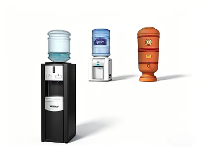 Modern Stand Up Water Dispensers with Black Silver Orange Design and Blue Water Bottles 3d model