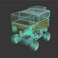 Cartoon Robot Character Vehicle With Green Gray Body Blue Wheels And Headlights