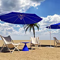 Blue Sailboats Art Installation with Blue Sky White Clouds Sandy Beach and Flying Birds