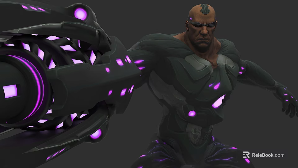 Muscular Game And Movie Character With Mechanical Arm Purple Glowing Details And Green Outfit 3d model 