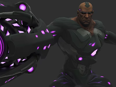 Muscular Game And Movie Character With Mechanical Arm Purple Glowing Details And Green Outfit 3d model