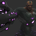 Muscular Game And Movie Character With Mechanical Arm Purple Glowing Details And Green Outfit