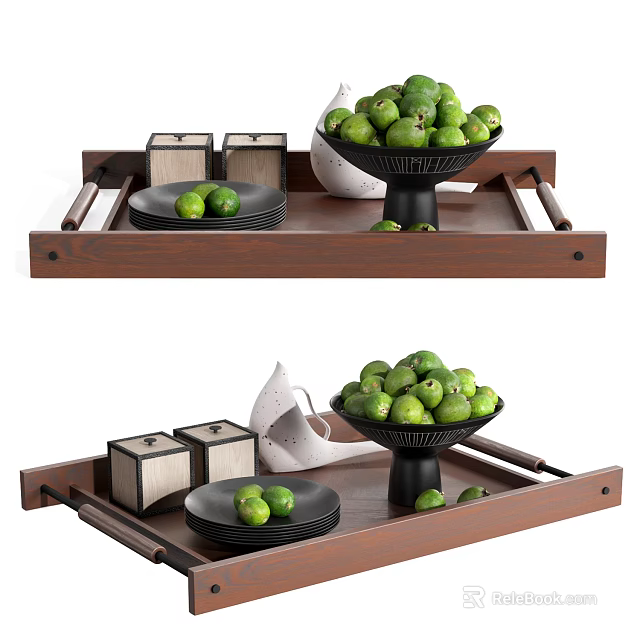 Wooden Tray Decorative Ornament Set with Green Fruit Bowl Storage Boxes and White Decorative Piece 3d model 