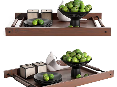Wooden Tray Decorative Ornament Set with Green Fruit Bowl Storage Boxes and White Decorative Piece 3d model