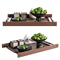 Wooden Tray Decorative Ornament Set with Green Fruit Bowl Storage Boxes and White Decorative Piece