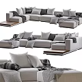 L Shaped Light Colored Casual Sofa Set With Plaid Pillows And Wooden Base