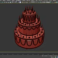 Pink Three Tiered Birthday Cake Decorated with White Frosting Swirls Happy Birthday Text and Candles