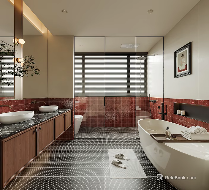 Modern Bathroom With Double Vanities Dark Wooden Cabinets Marble Countertops Glass Shower And White Tub 3d model 