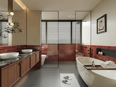 Modern Bathroom With Double Vanities Dark Wooden Cabinets Marble Countertops Glass Shower And White Tub 3d model