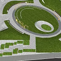 Urban Garden Landscape Design With Circular Pathways Lush Trees And Green Lawn