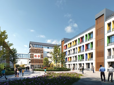 Modern Multi story School Building with Colorful Windows Courtyard Trees and Blue Sky White Clouds 3d model