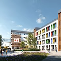 Modern Multi story School Building with Colorful Windows Courtyard Trees and Blue Sky White Clouds