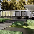 Residential Landscape Design With Green Lawn Flowering Trees And White Garden Furniture