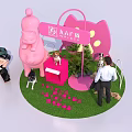 Pink Check in Photo Spot With Large Plush Doll Green Plants Signboard and Dogs