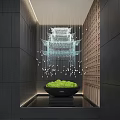 Modern Indoor Landscape With Hanging Pagoda Like Light Installation And Green Plant Planter