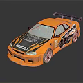 Orange Racing Style Modified Car With Rear Spoiler And Body Decals