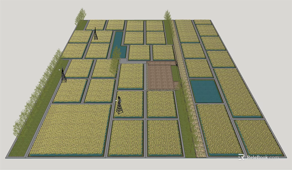 Scenic Rural Farmland Landscape With Grid Like Plots Water Ponds And Trees 3d model 