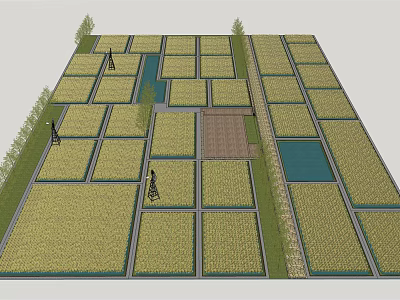 Scenic Rural Farmland Landscape With Grid Like Plots Water Ponds And Trees 3d model