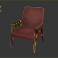 Red Upholstered Chair With Wooden Armrests And Sturdy Legs Design