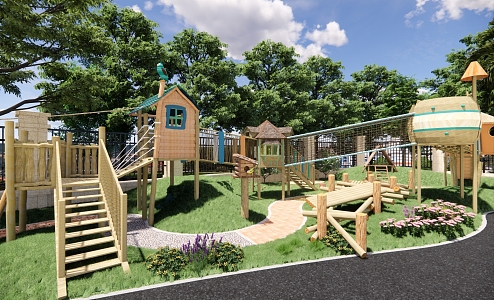 Kindergarten Outdoor Recreation Area Wooden House Pile Body Sense Path 3d model