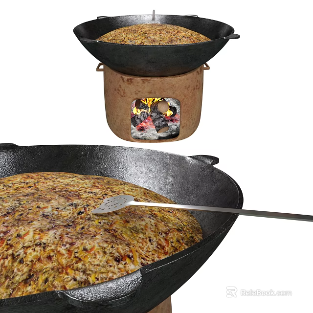 Food Being Cooked in Wok Over Charcoal Stove 3d model 