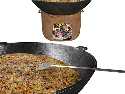 Food Being Cooked in Wok Over Charcoal Stove 3d model