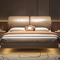 Modern Double Bed with Leather Headboard Flower Pillow Striped Blanket Nightstands and Ambient Lighting