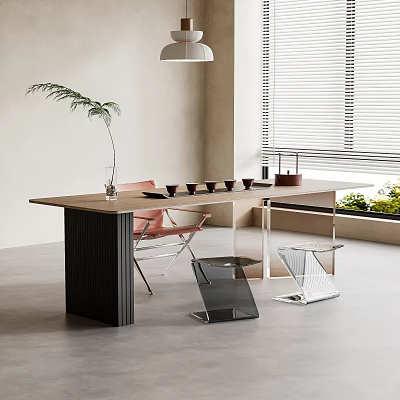 Modern Tea Table Set With Wooden Top Orange Chair Palm Plant And Glass Side Tables 3d model