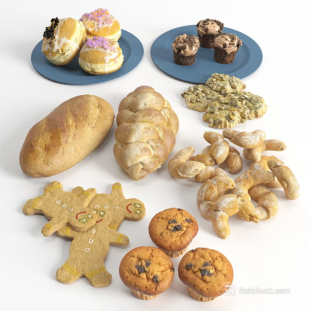 Assorted Homemade Baked Food Including Doughnuts Cupcakes Loaf Bread Braided Bread Gingerbread Man Cookies Muffins 3d model 