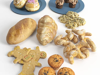 Assorted Homemade Baked Food Including Doughnuts Cupcakes Loaf Bread Braided Bread Gingerbread Man Cookies Muffins 3d model