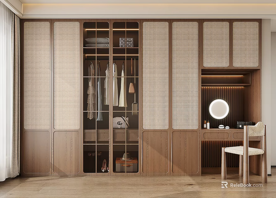 Modern Wardrobe Interior Design With Wooden Glass Doors Rattan Panels Dressing Table And Chair 3d model 