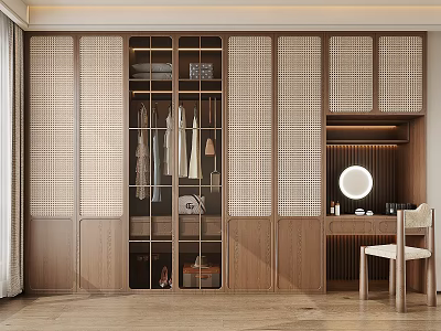 Modern Wardrobe Interior Design With Wooden Glass Doors Rattan Panels Dressing Table And Chair 3d model