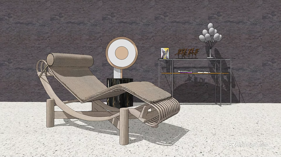 Rattan Chaise Lounge With Wooden Frame And Round Mirror Near Glass Side Table 3d model 