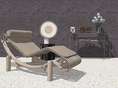 Rattan Chaise Lounge With Wooden Frame And Round Mirror Near Glass Side Table 3d model