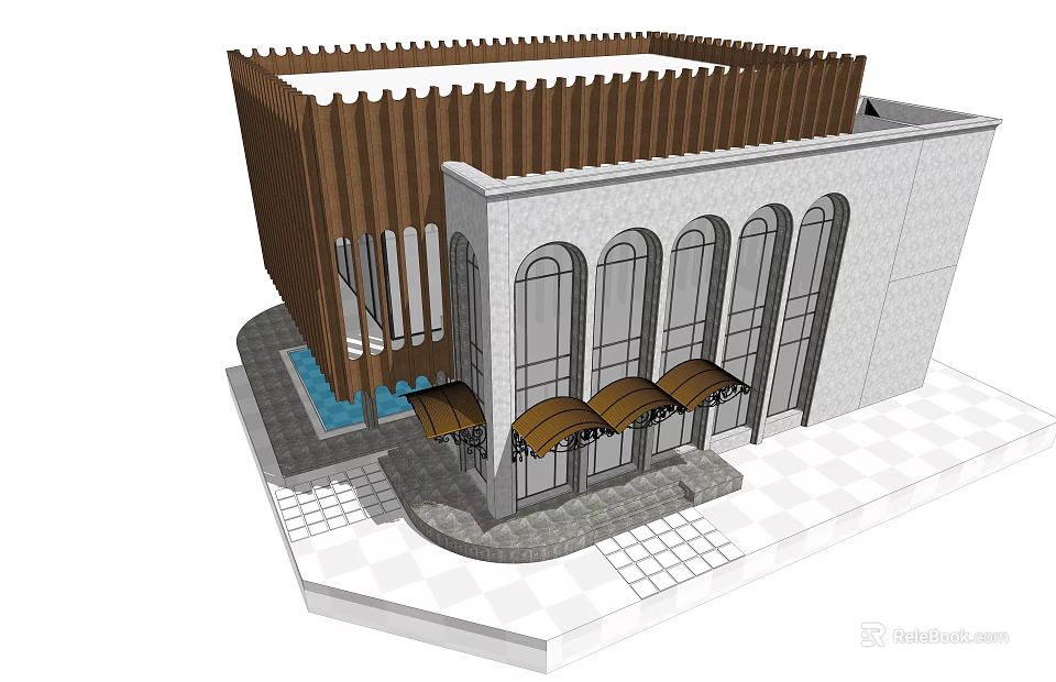 Single Family Villa Exterior Design With Arched Windows Brown Awnings And Wooden Lattice 3d model 