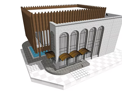 Single Family Villa Exterior Design With Arched Windows Brown Awnings And Wooden Lattice 3d model